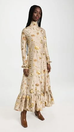 Brand new 🎉 House Of Aama Country Girl 👗 Dress Taupe Floral Silk Dupioni 🧨