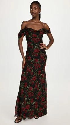 Buy 🥰 L'AGENCE Kenna Cowl Neck Cold Shoulder 👗 Dress Black/Red Rose 🎁