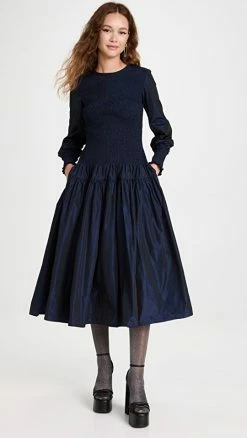 Brand new 🎁 Molly Goddard Shirred Taffeta Long Sleeve Midi 👗 Dress Navy ✨