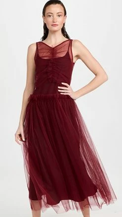 Buy ⌛ Molly Goddard Soft Tulle Gathered Panels Midi 👗 Dress Burgundy 🥰