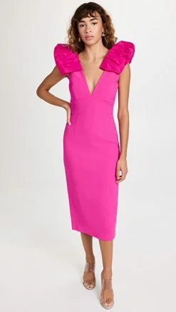 Best Pirce 🤩 Rebecca Vallance Cupid's Bow Midi 👗 Dress Hot Pink 👏