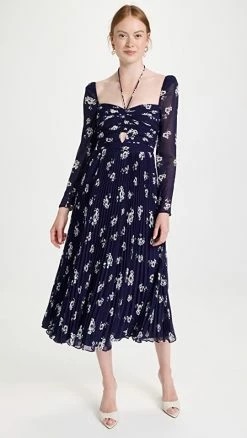 Discount 👍 Self Portrait Pansy Print Chiffon Cut Out Midi 👗 Dress Multi 😉