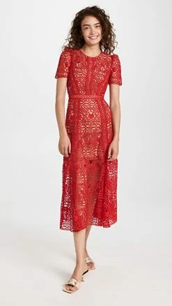 Buy 🔥 Self Portrait Red Guipure Lace Midi 👗 Dress 😀
