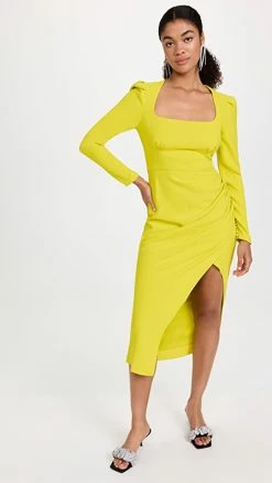 Budget ✨ Self Portrait Yellow Crepe Ruched Midi 👗 Dress Lime Green 👍