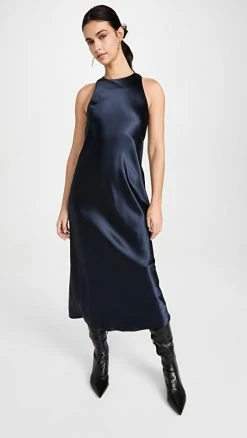 New β Tibi Heavy Satin Midi Bias π Dress Navy π