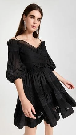 Outlet 🥰 Zimmermann Pleated Off Shoulder Mini 👗 Dress Black ✨